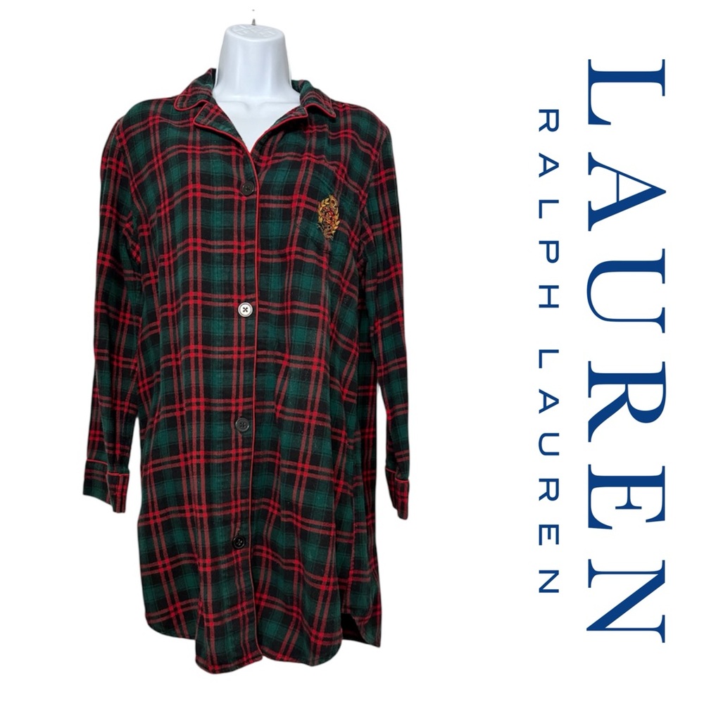 Lauren Ralph Lauren Sleepshirt‎ Plaid Flannel Gold Crest Nightgown Preppy Large
